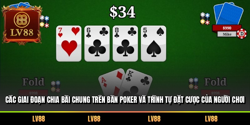 Các giai đoạn chia bài chung trên bàn Poker và trình tự đặt cược của người chơi